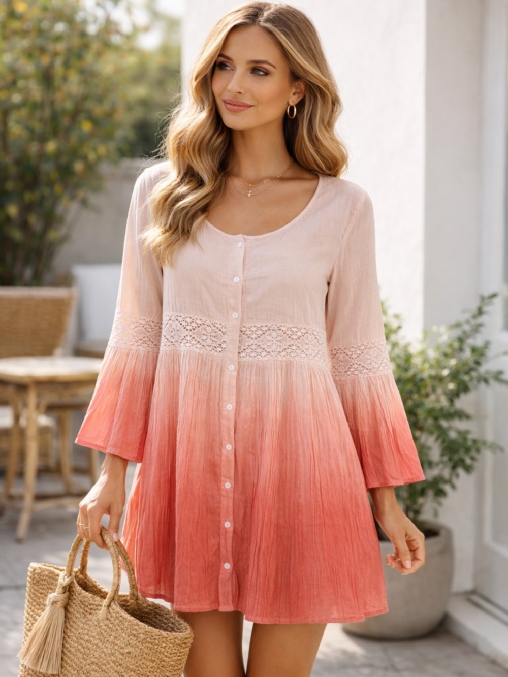 Anthro Tularosa Pink Ombre Mini Dress Medium Beach Vacation Boho - Picture 3 of 7